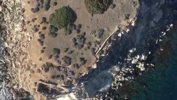 Low Drone Shot Flying Close Ruins Uninhabited Island Yeronisos Sacred — Vídeos de Stock