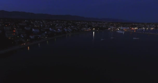 Aerial Clip Croatian Coast Night Boats Harbour — Stockvideo