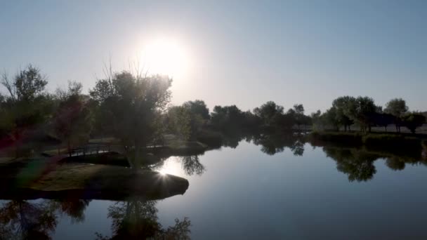 Солнце Светит Над Безмятежным Голубым Озером Выстланным Деревьями Рассвете Aerial — стоковое видео