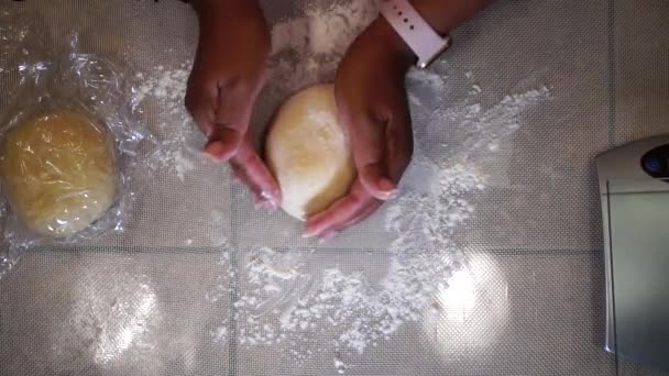 Woman Kneading Ball Dough Home Kitchen Countertop Close — Wideo stockowe