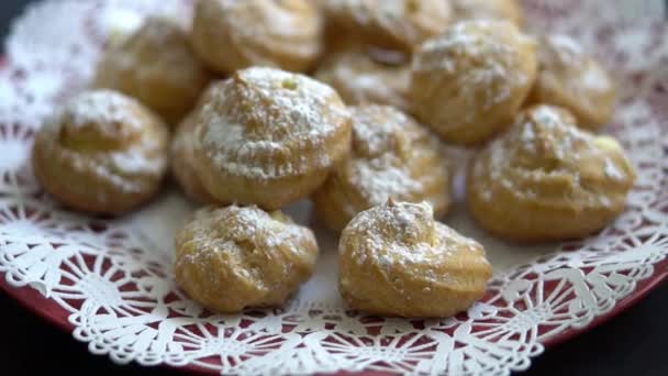 Pastries Powdered Sugar Plate Decorative Doily Closeup Detail Shot — Wideo stockowe