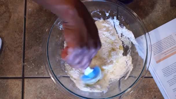 Mixing Flour Egg Batter Spatula Home Kitchen Overhead Close — Vídeo de stock