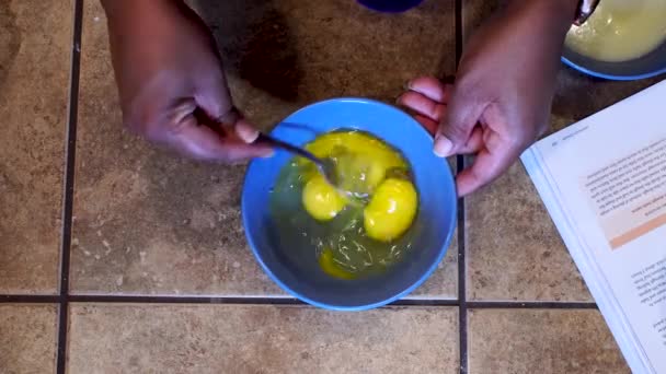 Woman Beating Stirring Eggs Fork Overhead Close — Vídeo de Stock