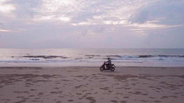 Drone View Motorcycle Going Fast Beach Sunset — Video