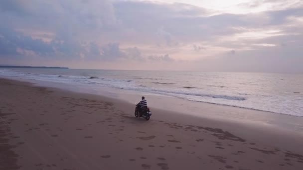 Drone View Motorcycle Riding Beach Side Sunset — 비디오