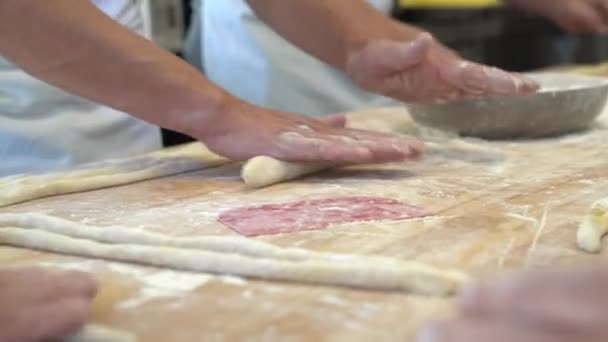 Human Hands Making Pasta Wood Table Dusted Flour Fingering Dexterity — Stock Video