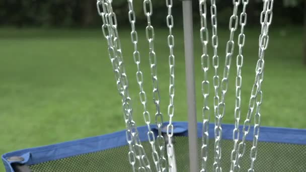 Two Discs Flying Disc Golf Basket Disc Golf Course Park — стоковое видео