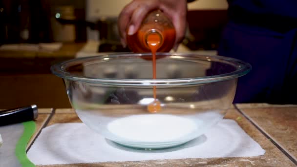 Pouring Hot Sauce Mixing Bowl Coconut Milk Slow Motion Close — Wideo stockowe