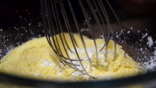 Mixing Dry Cornmeal Cornstarch Ingredients Whisk Slow Motion Close — ストック動画