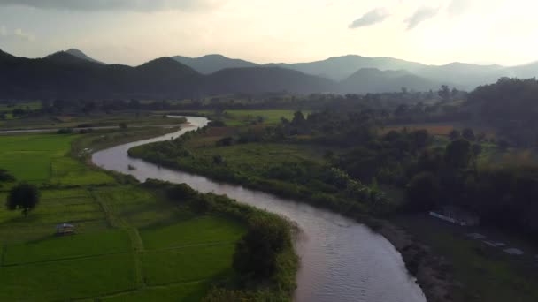 Aerial Flight River Rice Fields Mountains Horizon Sunset Time — стоковое видео