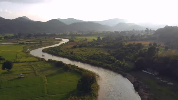 Aerial Flight River Rice Fields Mountains Horizon Sunset Time Film — стоковое видео