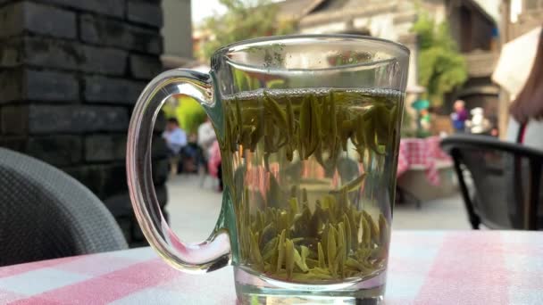 Closeup Shots Green Tea Moving Drinking Glass — стоковое видео
