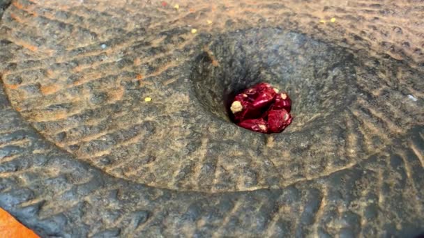 Close Shots Chili Grinder Made Hard Solid Stone Whole — Stockvideo