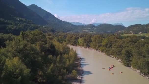 Droneshot Several Floating Boats Going River — Stockvideo