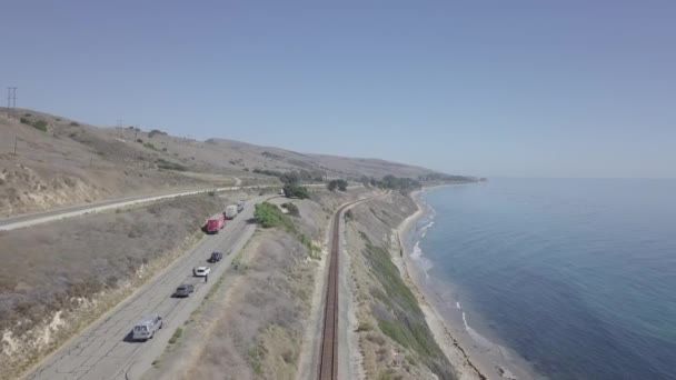 Aerial Drone Shot Railway Next Ocean — Stockvideo