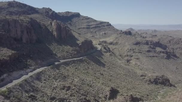Aerial Drone Shot Car Travelling Desert Road — Stockvideo