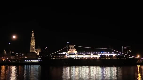 Full Moon Rise Scheldt River Cathedral Antwerp Cityscape — Wideo stockowe