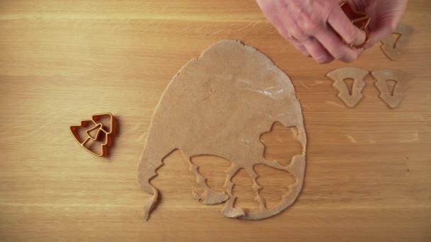 Making Christmas Shapes Gingerbread Dough Wooden Table Topdown Video — Stock Video