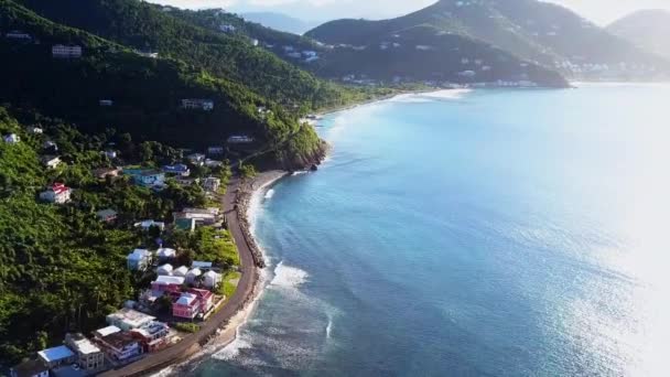 Aerial British Virgin Island Tortola Beach Fly Local Homes Water — Vídeos de Stock