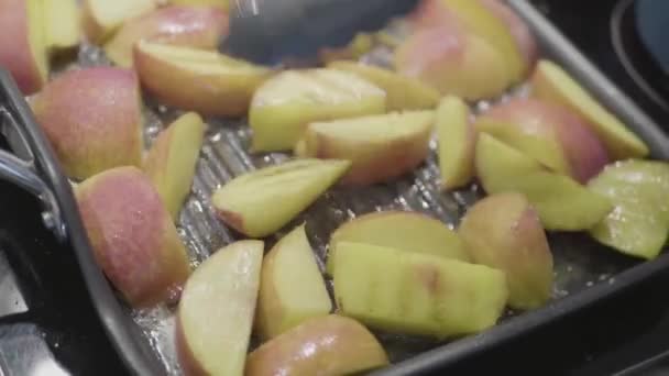 Closeup Chef Cooking Peaches Frying Pan Turning Each Peaces — 图库视频影像