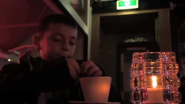 Young Boy Adding Some More Sugar His Hot Chocolate — ストック動画