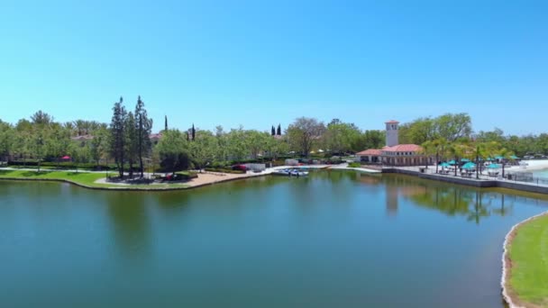 Aerial Fly Community Lake Boat Dock — Vídeos de Stock