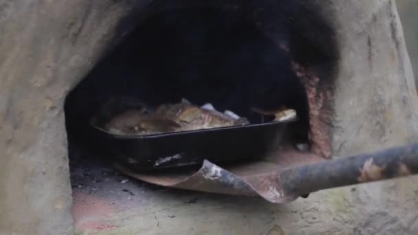 Риба Готує Сковороді Поміщається Вуличну Саморобну Кам Яну Піч — стокове відео