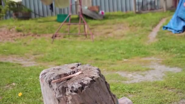 Closeup Man Cutting Piece Firewood Axe — Vídeo de Stock