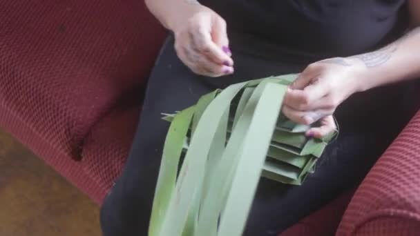 Shot Slow Motion Woman Weaving Basket Green Plant Leaves — Stock Video