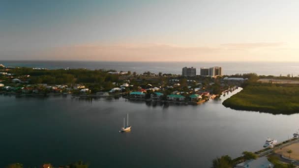 Drone Flying Cayman Islands Yacht Club Marina Sunset — Video