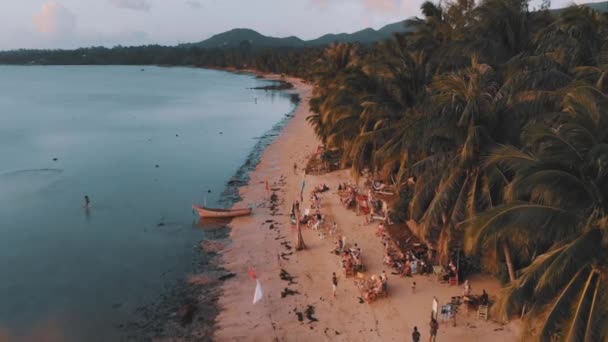 Aerial Flight People Sitting Bar Tropical Island Beach Sunset — Stock video