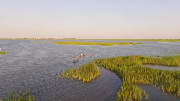 Drone Tracking Kayakers Wooland Creek Murrells Inlet Sunset — Vídeo de Stock