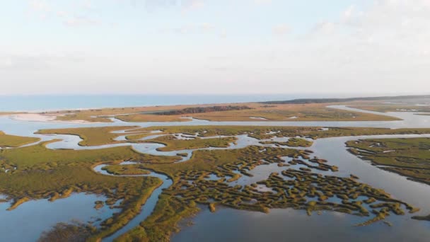 Tracking Drone Footage Wetlands Beach Sunset — Stockvideo