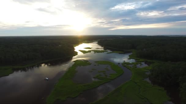 Drone Flying Backwards Marsh Sunrise Calabash — Stok video