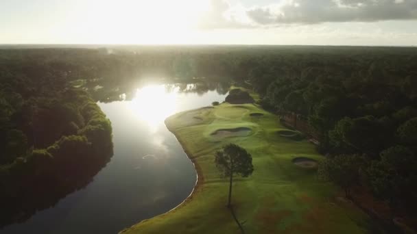 Drone Flying Golf Course Water Ponds Early Morning — 비디오