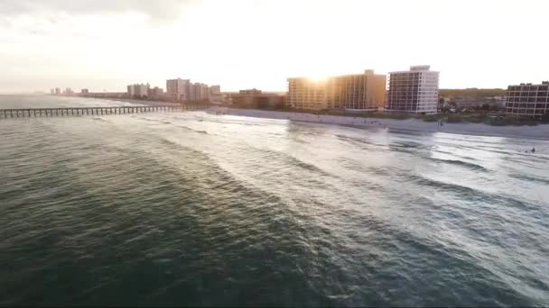 Drone Flying Beach Sunset Pier — Video Stock