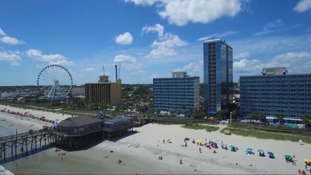 Drone Flying Ocean Front Resorts Pier Sky Wheel Myrtle Beach — Stock Video