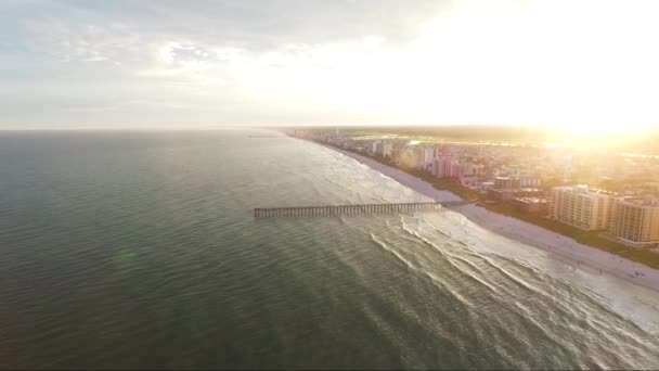 Drone Flying Ocean Pier Sunset — Wideo stockowe