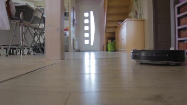 Shot Floor Showing Vacuum Robot Cleaner Going — Stockvideo
