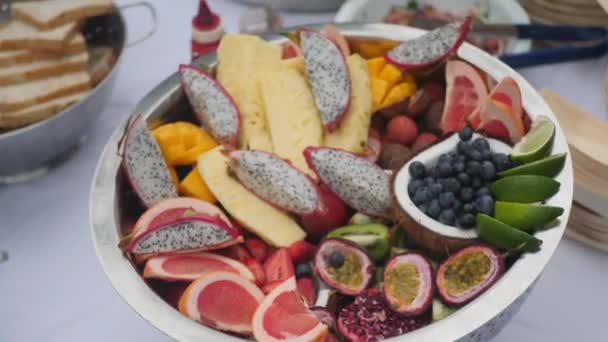 Wide Angle Top Tropical Multi Fruits Bowl Table — Stock video