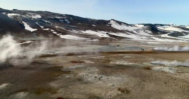 Aerial Steam Coming Fumaroles Bubbling Mud Pits Hverir Geothermal Field — 비디오