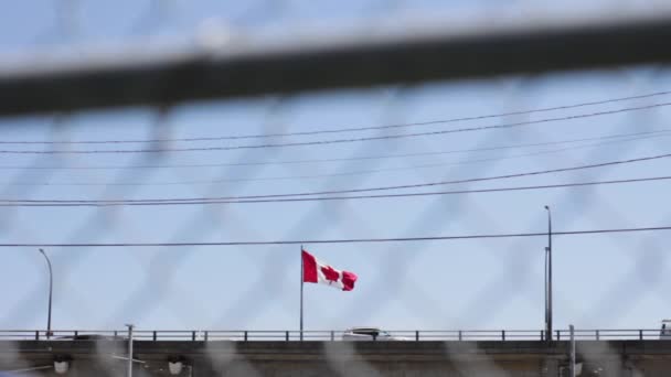 Canadian Flag Blowing Distance Highway — 图库视频影像