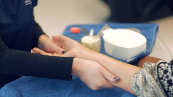 Manicurist Rubbing Lotion Woman Arm Salon — Vídeo de Stock