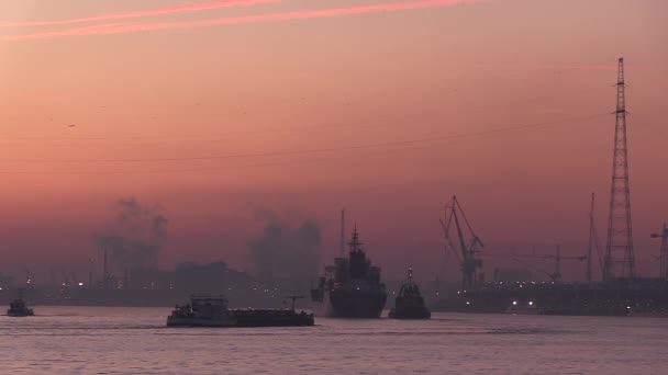 Cargo Ships Tugboats Navigate Dawn Port Antwerp Its Industry — Wideo stockowe