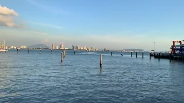 Time Lapse Shot City View Distance Pillars Ocean Ships Move — Stockvideo