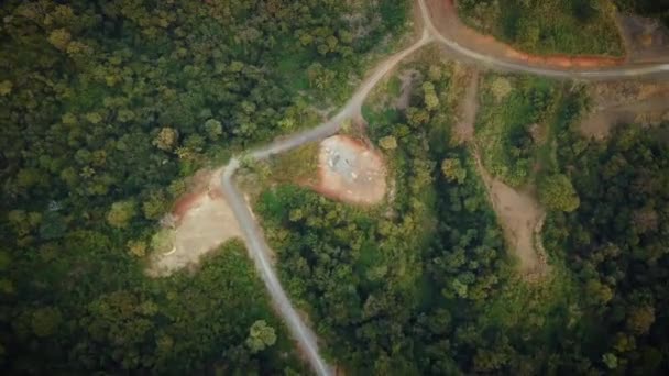 Cinematic Drone Shot Large Winding Dirt Road Tropical Forest — ストック動画