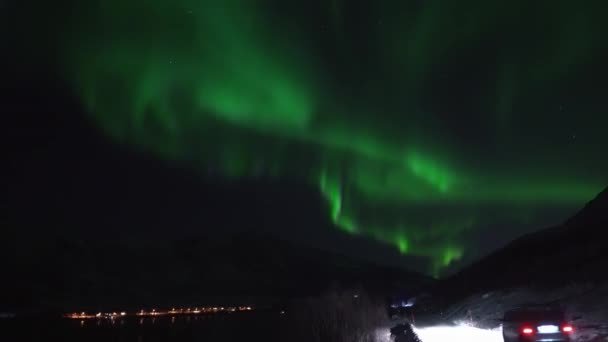 Car Driving Alongside Fjord Northern Lights Filmed Real Time Island — Wideo stockowe