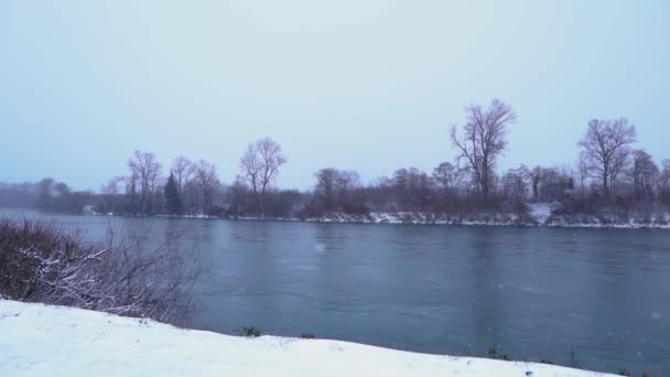 Snow Falling Storm River Slow Motion Still Shot — Stockvideo