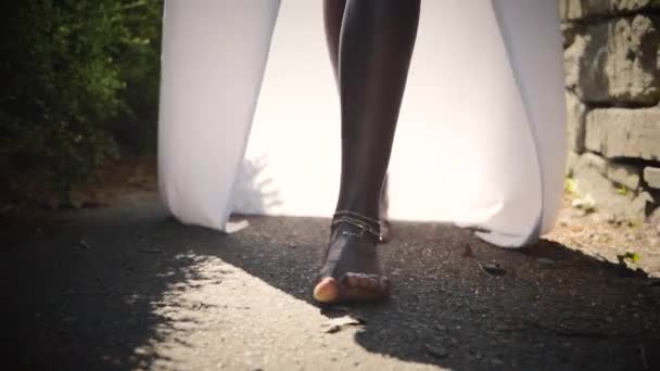Beautiful African Woman Walking Barefoot Courtyard — Stockvideo