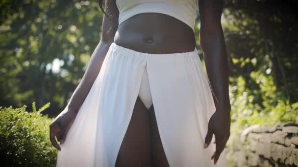 Beautiful Woman Wearing White Dress Walking Park Slow Motion — Stockvideo